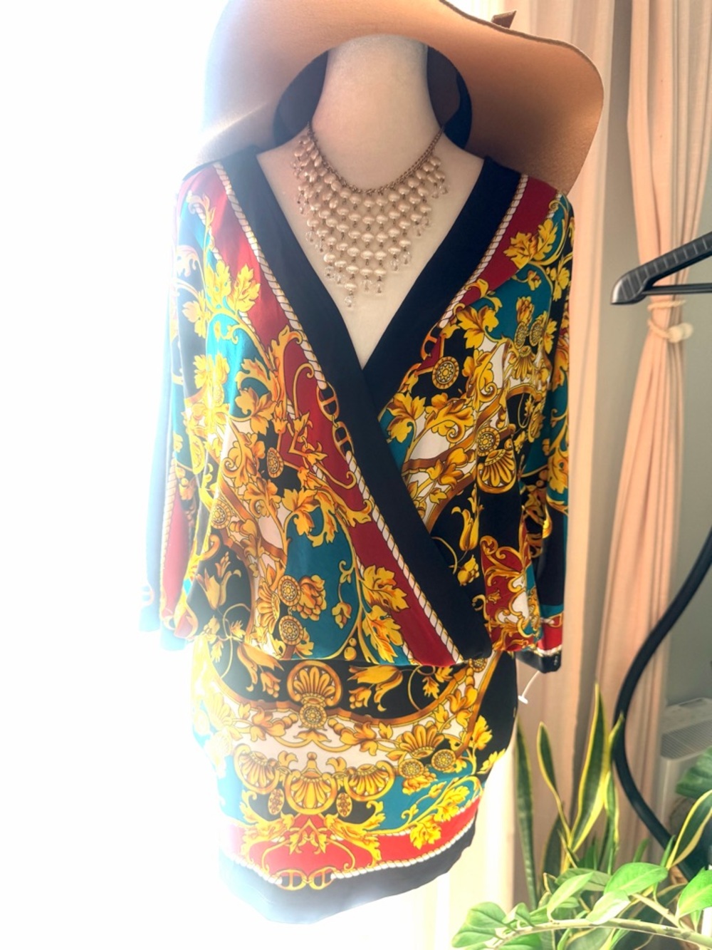 Vavavoom Printed Wrap-Style Women’s Top in Teal and Gold